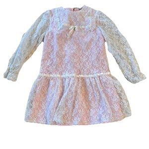 Vintage 80s Baby Girl Ruffle 5T Pink Lace Long Sleeve Pretty Dress Coquette